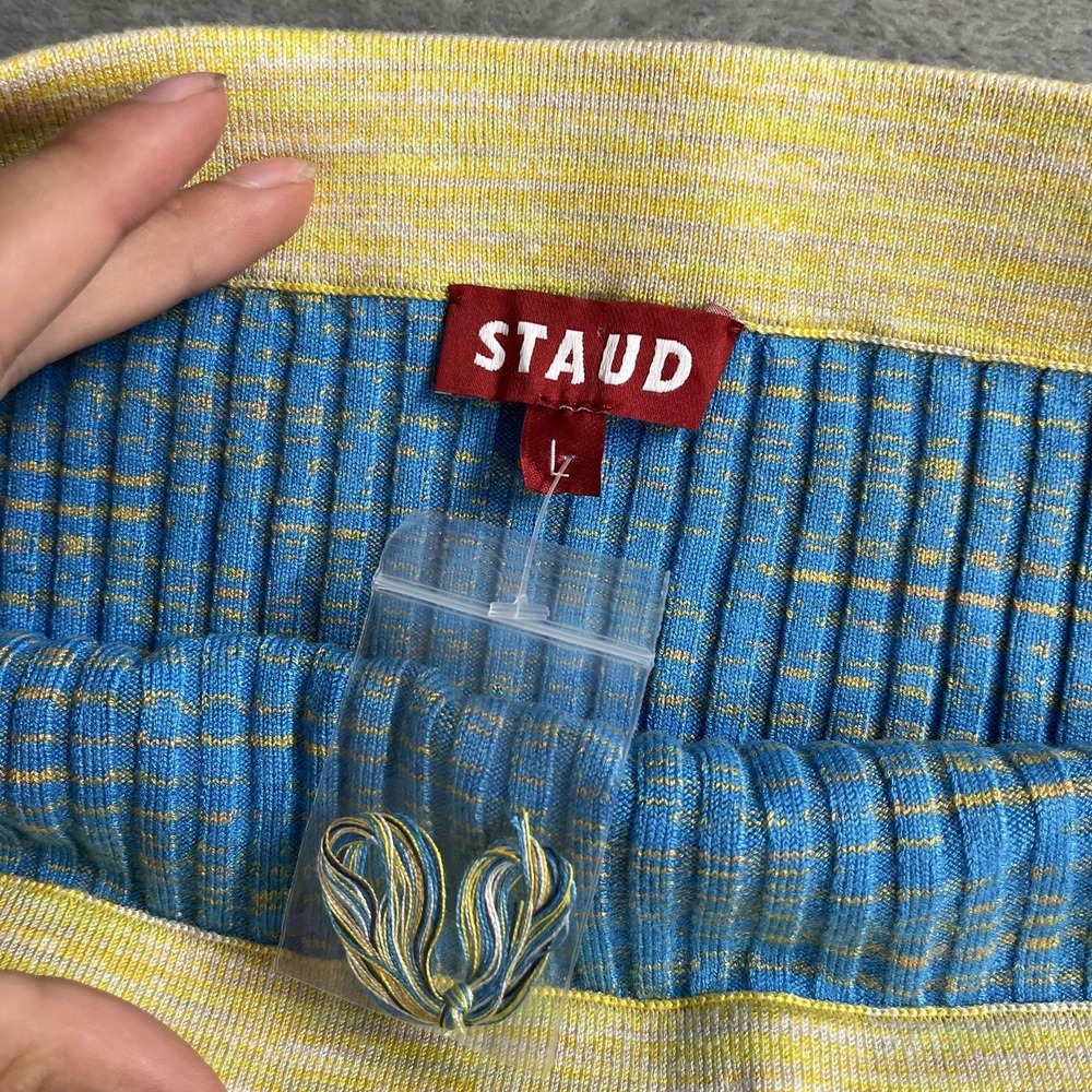 STAUD Skirt Womens L Blue Yellow Striped Pleated Knit Elastic Waist Knee Length - Picture 3 of 7